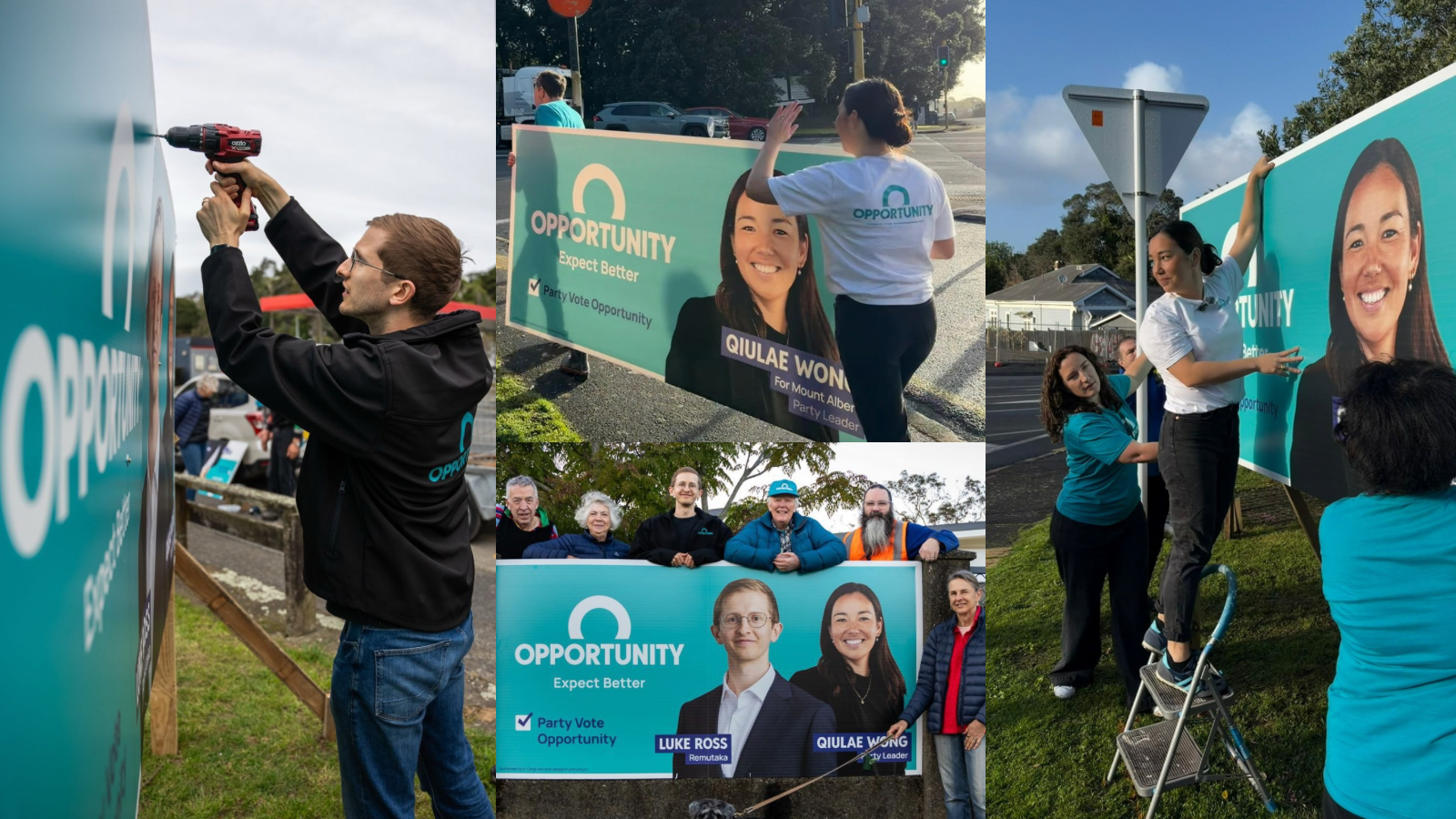 Opportunity volunteers and candidates putting up campaign signs